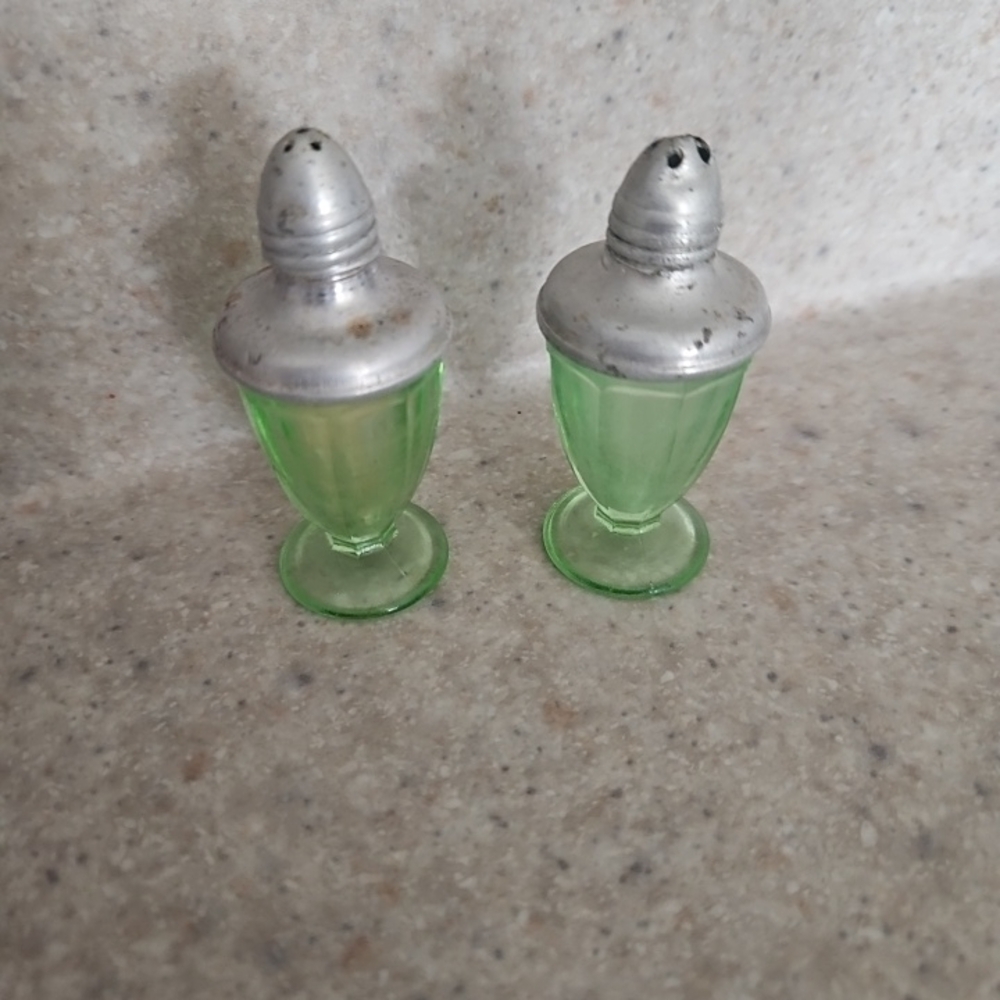 Vintage Green Glass Salt and Pepper Shakers